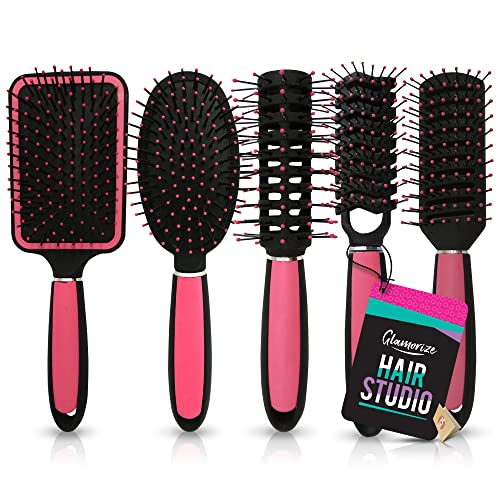 5-teiliges Haarbürsten-Set | enthält eine Paddelbürste, Kissenbürste, Zick-Zack-Bürste, runde Bürste und belüftete Bürste | seidig glatte rosa Haarbürsten | inkl. SOL-Notizbuch von SOL
