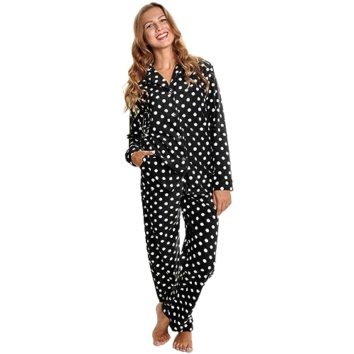 Angelina Damen Cozy Fleece Pyjama Set, Schwarze Basis; weiße Punkte., Large von Unbekannt
