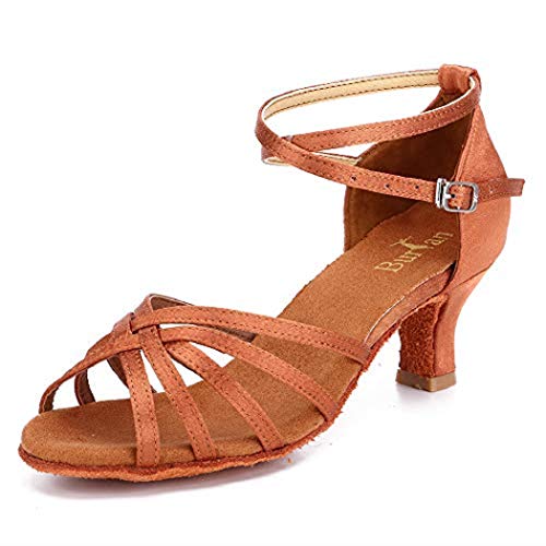 BURTAN Tanzschuhe, Satin mit Ledersohle, Kreuzgeflecht, Anti-Rutsch mit Schnalle, Highheels, Salsa, Tango Größen, Absatz: 5cm (36-23 cm, Beige) von Unbekannt