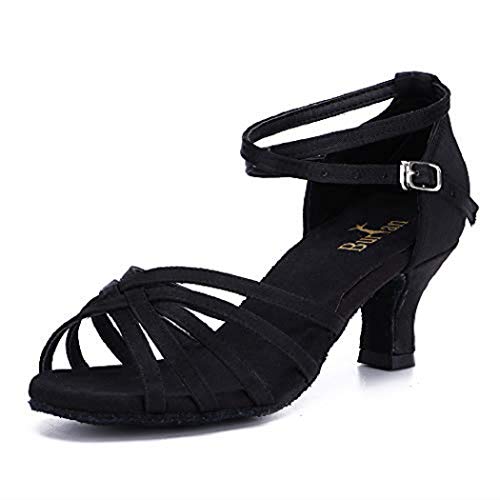 BURTAN Tanzschuhe, Satin mit Ledersohle, Kreuzgeflecht, Anti-Rutsch mit Schnalle, Highheels, Salsa, Tango Größen, Absatz: 5cm (36-23 cm, Schwarz) von Unbekannt