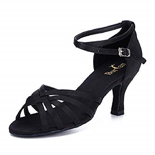 BURTAN Tanzschuhe, Satin mit Ledersohle, Kreuzgeflecht, Anti-Rutsch mit Schnalle, Highheels, Salsa, Tango Größen, Absatz: 7cm (35-22,5 cm, Schwarz) von Unbekannt