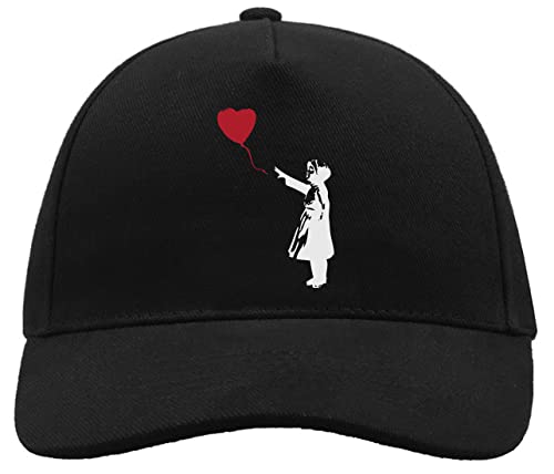 Banksy Street Art Girl and a red Heart Balloon Bequeme Unisex-Baseball-Truckerkappe aus gebürsteter Baumwolle mit Schnalle Schwarz von Unbekannt