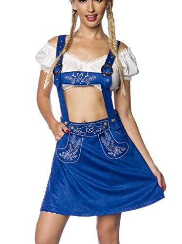 Blauer Damen Trachtenrock mit Hosenträgern und Stickereien Velourlsederoptik Bayrischer ausgestellt Latzrock Lederoptik abnehmbare Träger Oktoberfest M von Unbekannt