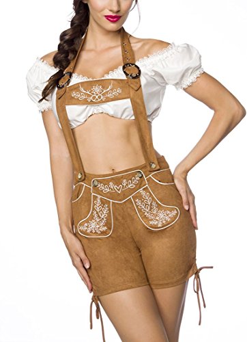 Braune Damen Trachtenkniebundhose mit Hosenträgern und Stickereien Velourlsederoptik Bayrische Latzkniebundhose Lederoptik abnehmbare Träger Oktoberfest XS von Unbekannt