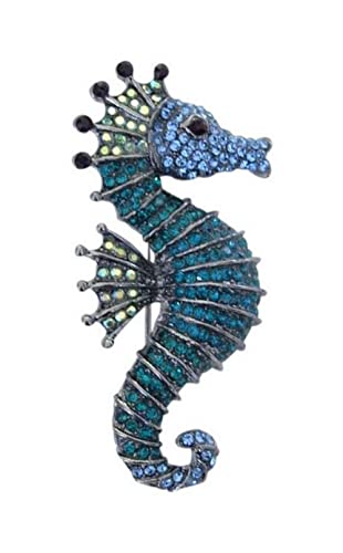 Brosche Schmuck Seepferdchen Fisch, Strass Kristall Grün und Blau, Metall von Unbekannt