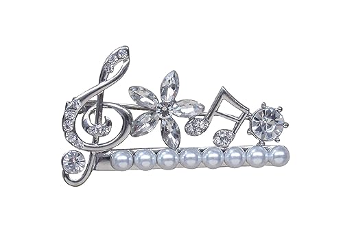 Brosche aus versilbertem Stahl, Notenschlüssel und Musiknoten, 8 Perlen mit Perlmutt. von Unbekannt