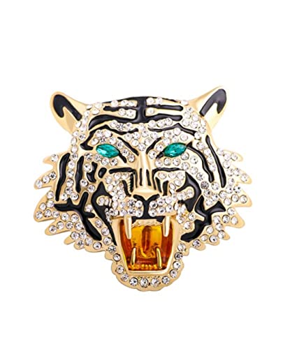 Brosche mit Tigerkopf aus vergoldetem Stahl und Starss-Kristall., 5 x 5 cm, Edelstahl von Unbekannt