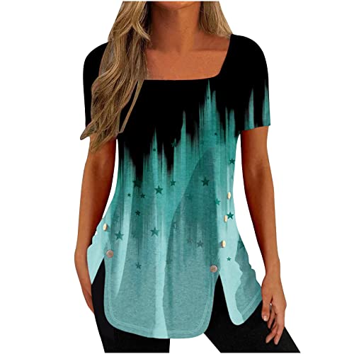 Damen Kurzarm blusen Rundhals Shirt Oberteile Lightweight Casual Loose Flared Tunic Tops Summer 2023 Casual Print Tops Round Neck Short Sleeve Tshirts Ladies trendy Comfy Blouses Pailletten von Unbekannt