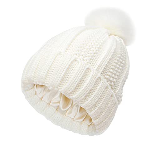 Damen Merino Mütze Mit Kunstfell Bommel Strick-Mütze Damen Grobstrick Pudel-Mütze Winter Beanie Mütze Mit Ponpon Damen Herren Damen Mütze Winter Warme Strickmütze Mit Bommel von Unbekannt