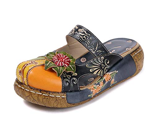 Damen Mokassins Slipper, Leder Sandalen Plattform Pantoffel Sommerschuhe Vintage Rückenfrei Clogs Bunte Blume Flache Schuhe Dicker Boden Strandschuhe (36, Blau) von Unbekannt