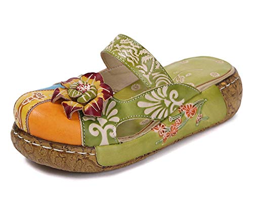 Damen Mokassins Slipper, Leder Sandalen Plattform Pantoffel Sommerschuhe Vintage Rückenfrei Clogs Bunte Blume Flache Schuhe Dicker Boden Strandschuhe (36, Grün) von Unbekannt