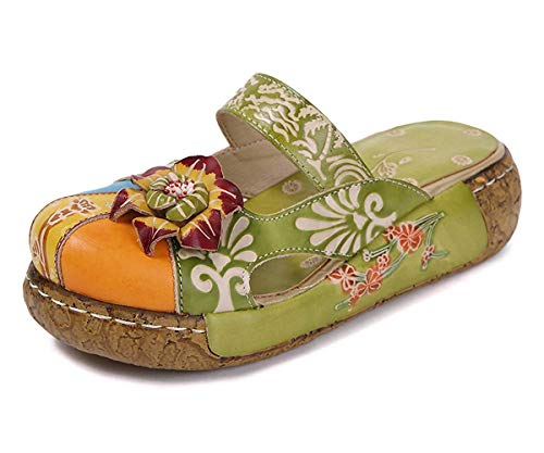 Unbekannt Damen Mokassins Slipper, Leder Sandalen Plattform Pantoffel Sommerschuhe Vintage Rückenfrei Clogs Bunte Blume Flache Schuhe Dicker Boden Strandschuhe (41, Grün) von Unbekannt