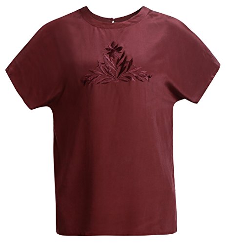 Damen Shirt Tops Hemd 100% Seide Kurzarm Kurze Ärmel 4J Dunkel Violet Uni Unifarbe Stickmuster Blume (44) von Unbekannt