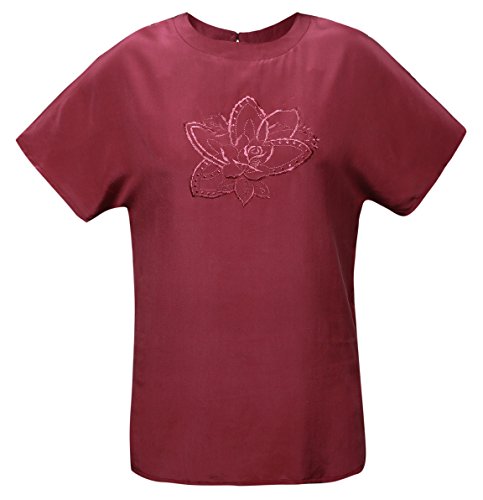 Damen Shirt Tops Hemd 100% Seide Kurzarm Kurze Ärmel 4K Dunkel Violet Uni Unifarbe Stickmuster Blume (44) von Unbekannt