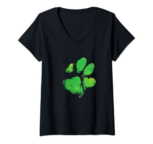 Damen St. Patrick's Day Hunde-Aufdruck – Grünes irisches Kleeblatt, Pfotenabdruck T-Shirt mit V-Ausschnitt von Unbekannt