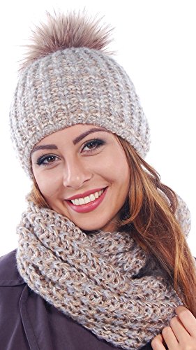 Damen Strickmütze & Loop mit großer Kombiset Kunstfell Bommel Strickset Beanie mit Fellbommel + Schlauchschal, Einheitsgröße K3 (Beige) von Unbekannt