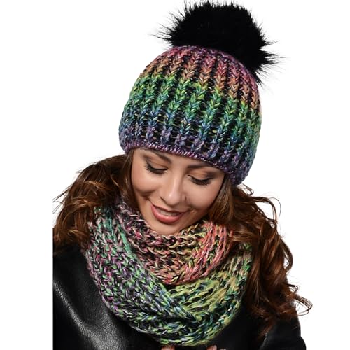 Damen Strickmütze & Loop mit großer Kombiset Kunstfell Bommel Strickset Beanie mit Fellbommel + Schlauchschal, Einheitsgröße K3 (Multicolor) von Unbekannt