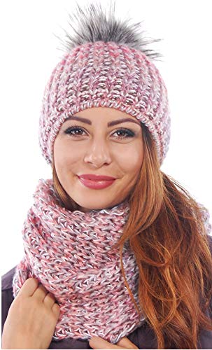 Damen Strickmütze & Loop mit großer Kombiset Kunstfell Bommel Strickset Beanie mit Fellbommel + Schlauchschal, Einheitsgröße K3 (Rosa meliert) von Unbekannt