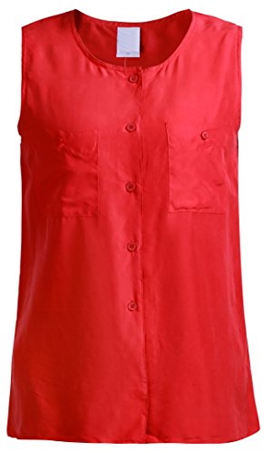 Damen Tops Hemd Bluse 100% Seide Silk Top Shirt Weste ohne Arm Ärmel ärmellos Rot Uni Unifarbe ohne Muster Brusttasche Knöpfe (36) von Unbekannt