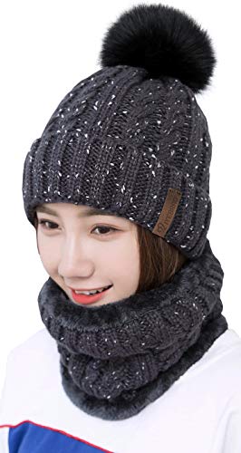 Damen Wintermütze Schal Set,Warm Weichem Innenfutter Strickmütze und Schal mit Fleecefutter,Winter Wärme Beanie Mütze Strickschal Set,Schlauchschal Hüte Mützen mit Kunstpelz Bommel Pom (Dunkelgrau) von Unbekannt