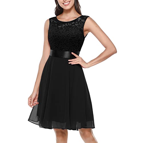 Damenkleid, mittellang, Spitze, einfarbig, ärmellos, Rundhalsausschnitt, Slim Fit, große Größe, Cocktailkleid, schick und elegant, für Damen, Abendkleid, Schwarz , Large von Unbekannt