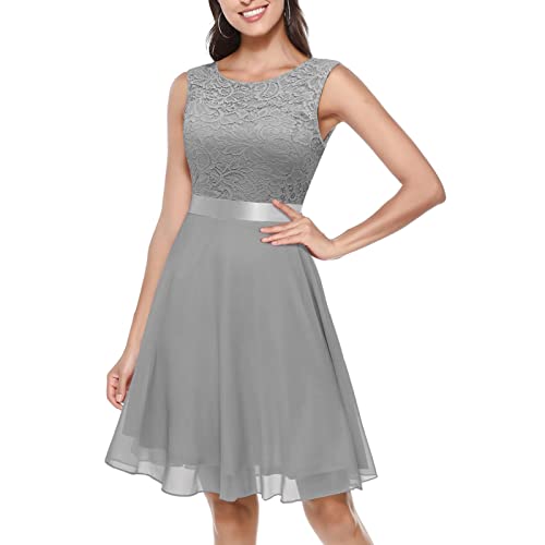 Damenkleid, mittellang, Spitze, einfarbig, ärmellos, Rundhalsausschnitt, Slim Fit, große Größe, Cocktailkleid, schick und elegant, für Damen, Abendkleid, grau, XXL von Unbekannt