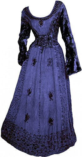 Dark Dreams Gothic Mittelalter LARP Kleid mit Samt Bestickt Schnürung Freyja, Größe:Freesize, Farbe:blau von Unbekannt