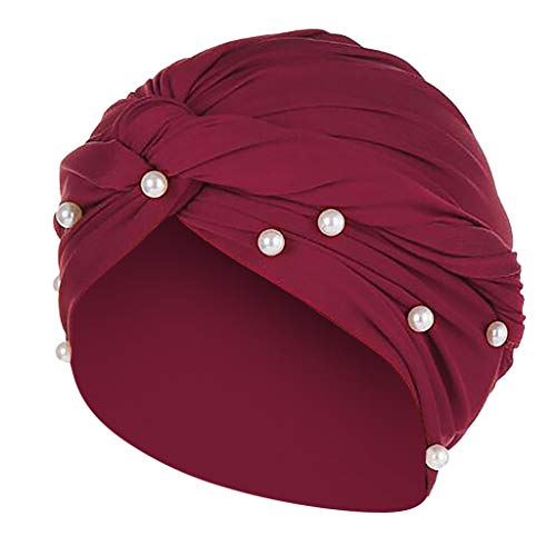 Einfaches Haarband für Männer Turban Cap Ruffle Women Pearl Hat Wrap Muslim Friesen Baseball Caps Haarband für Frauen (Wine, One Size) von Unbekannt