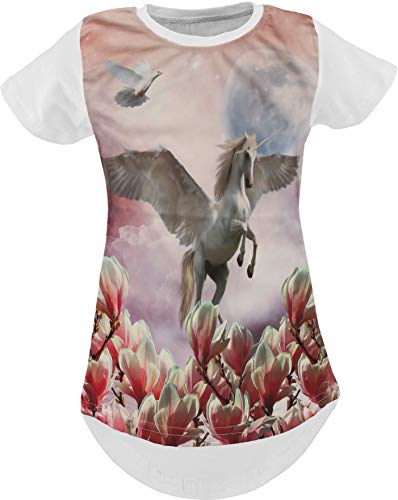 Einhorn Pegasus Kinder Mädchen 3D Druck Lang T-Shirt Bluse Kurzarm Tunika (Einhorn Pegasus Weiß 110-116) von Unbekannt