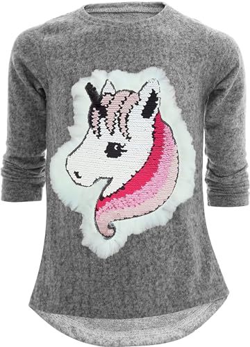 Einhorn Unicorn Pferd Mädchen Kinder Sweatshirt Pullover Wendepailletten Glitzer Bluse Langshirt Pulli (140-146, Einhorn 1 Grau) von Unbekannt