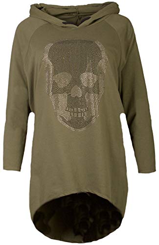 Fashion You Want Damen Totenkopf Pullover Glitzer Sweatshirt Pailletten Strass Stretch Oversize Shirt Langarm Shirt Hoodie vorne kurz hinten Lang Fishtail (Khaki, 48/50) von Unbekannt