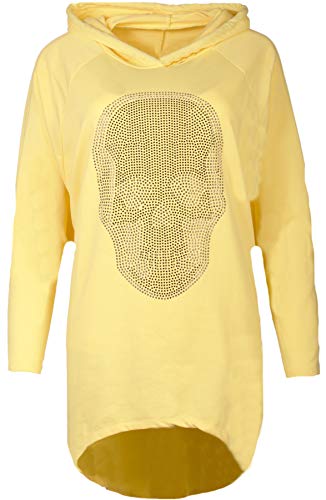 Fashion You Want Damen Totenkopf Pullover Glitzer Sweatshirt Pailletten Strass Stretch Oversize Shirt Langarm Shirt Hoodie vorne kurz hinten Lang Fishtail (gelb, 38/40) von Unbekannt