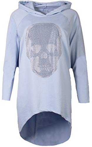 Fashion You Want Damen Totenkopf Pullover Glitzer Sweatshirt Pailletten Strass Stretch Oversize Shirt Langarm Shirt Hoodie vorne kurz hinten Lang Fishtail (hellblau, 42/44) von Unbekannt