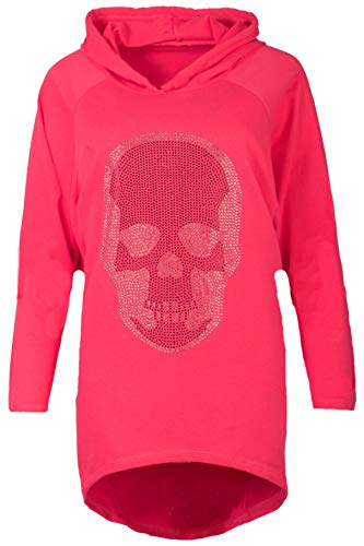 Fashion You Want Damen Totenkopf Pullover Glitzer Sweatshirt Pailletten Strass Stretch Oversize Shirt Langarm Shirt Hoodie vorne kurz hinten Lang Fishtail (pink, 40/42) von Unbekannt