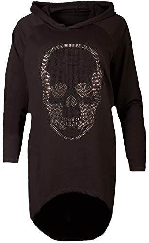 Fashion You Want Damen Totenkopf Pullover Glitzer Sweatshirt Pailletten Strass Stretch Oversize Shirt Langarm Shirt Hoodie vorne kurz hinten Lang Fishtail (schwarz, 40/42) von Unbekannt