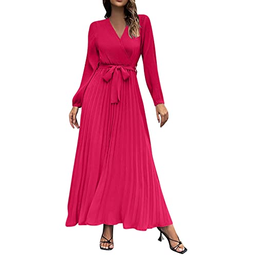 Générique Abendkleid für Damen, lang – Herbst und Winter, Damen, langärmlig, V-Ausschnitt, Plissee-Kleid, Einreihiger Rock, lässiges Cocktailkleid, Schwarz, Hot Pink B, Large von Unbekannt