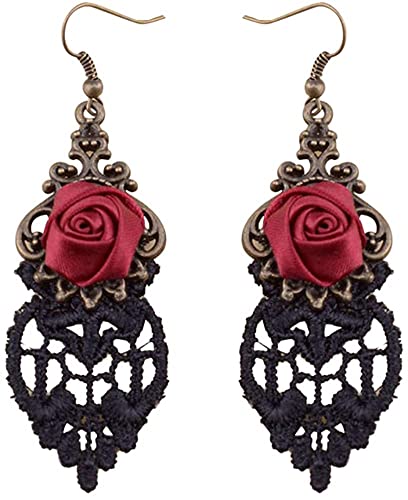 Générique Ohrringe Halloween Vintage Gothic Rot Rosa Blume Spitze Tropfen Haken Ohrringe Lassen Sie Ihre Schönheit mit diesen schönen Ohrringen blühen von Unbekannt