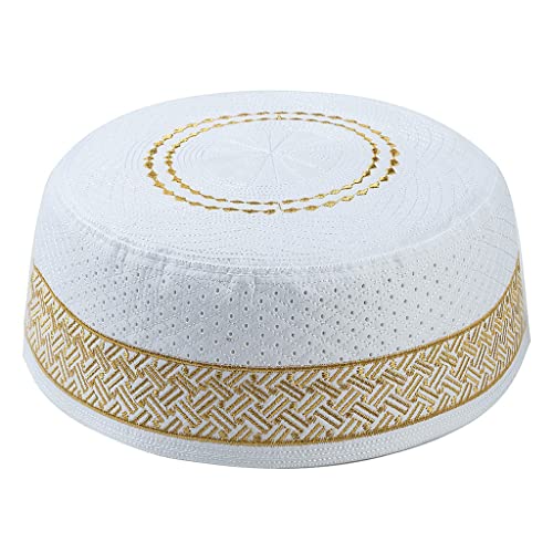 Herren Muslimische Gebetsmütze Kufi Hut Vintage Stickerei Gemischte Polyester-Baumwolle Islamische Arabische Jüdische Indien Kopfbedeckung Haube Kappe, gelb, S/L von Unbekannt