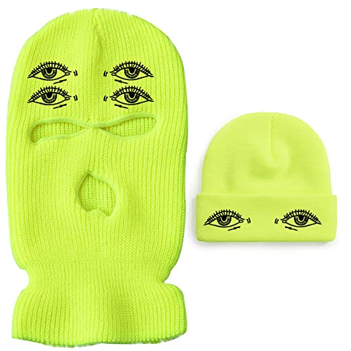 ISWMM 3-Loch Skimaske Wolle Strickmütze Warm Outdoor Radfahren Winddicht Maske Sturmhaube Paar Hut 2 Stück, fluoreszierendes gelb von Unbekannt