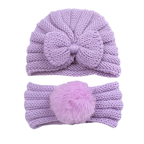 Kleinkind Baby Jungen Mädchen Strickmütze Beaniess geknotete Gummibänder Turban Hut Stirnband Kopfbedeckung Set Haarschleifen (Purple, One Size) von Generic