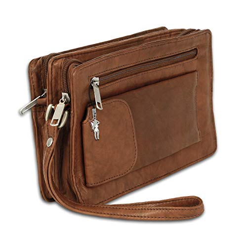 LEDER HANDGELENKTASCHE HERRENTASCHE LEDERTASCHE DOPPELKAMMER TAN von Unbekannt