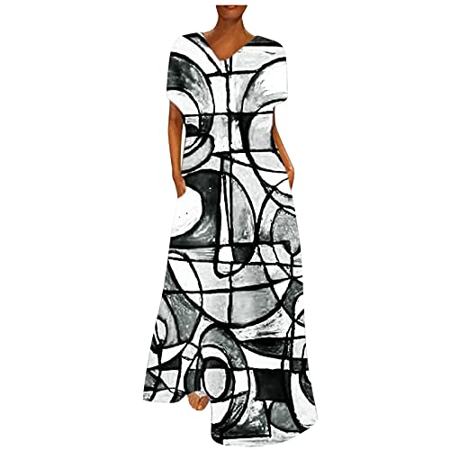 Modisches Kleid für Damen, langes Kleid mit Rundhalsausschnitt und kurzen Ärmeln, für Damen, Partykleidung, Sommerkleid mit Taschen, Sommerkleid, Modekleidung, Kleid für Damen, Mehrfarbig X-Large von Unbekannt