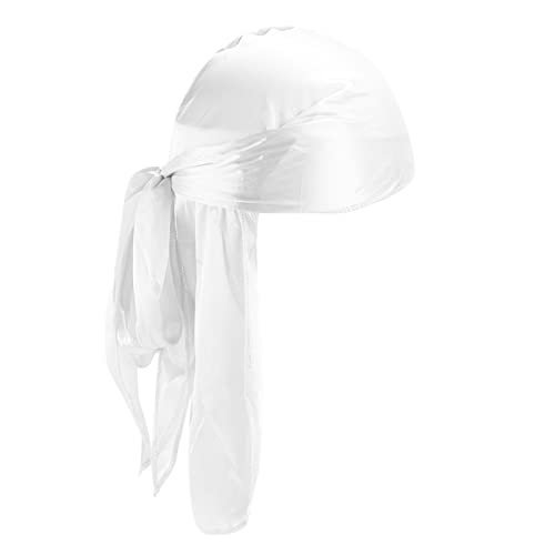 Piratentuch Damen Herren Headwrap Tail Bandanas Langem Breiten Trägern Du-rag Kop Piratenmütze Bandanas für Hip-Hop Tail Satin Kopftuch Piratenkappe Wave Durags Mütze Weiß von Unbekannt