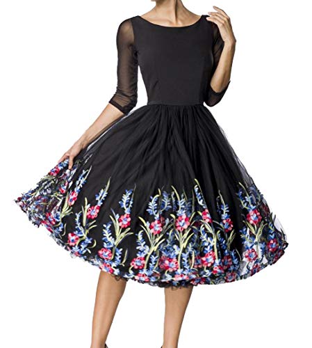 Schwarzes knielanges Swing Kleid im High Waist Schnitt mit Gürtel und Carmen-Ausschnitt Vollglocke und weiß gepunktet Bandeau Dreiviertel Ärmel XXL von Unbekannt