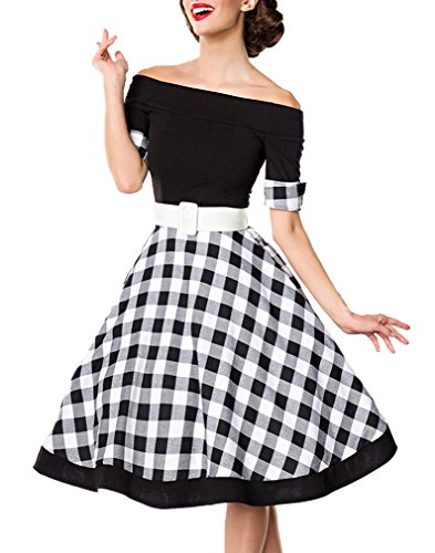 Schwarzes knielanges Swing Kleid im High Waist Schnitt mit Gürtel und Manschetten kariert und schulterfrei bandeau L von Unbekannt