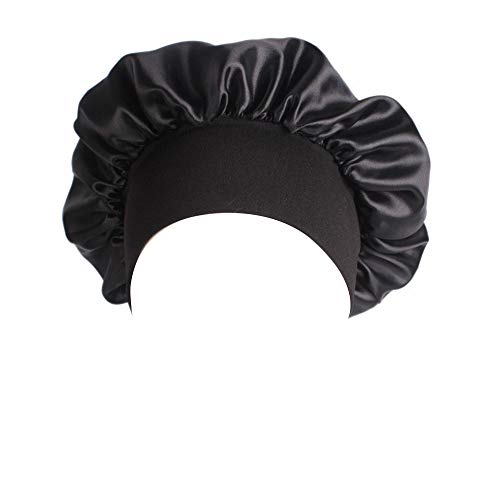 Seide Schlafmütze Damen Nachtmütze Atmungsaktive Kopfbedeckung mit klassischer und bequemer Form Verpackung Satin Schlafmütze Doppelschicht Satin Bonnet für Locken Verstellbare Satin Mütze Schwarz von Generic