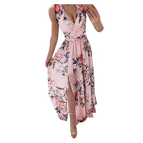 Sommerkleid für Damen, lang, Party, modisch, Maxi, sexy, Blumenmuster, V-Ausschnitt, (#002) Pink, Medium von Unbekannt