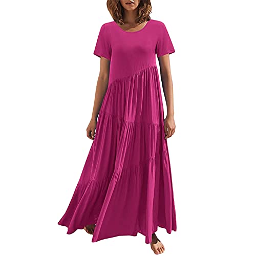 Tunika-Kleid für Damen – Maxikleid mit Rüschen und Blumenmuster, Bohemian-Kleid, lässig, kurzärmlig, Strandkleider für Damen, Sommer, kurz, Hot Pink, XXL von Unbekannt