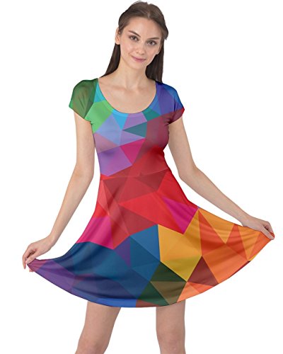 Unbekannt CowCow Damen Kleid, Mehrfarbig, Retro-Stil, geometrisches Muster, Dreieck, abstrakt, Regenbogenfarben, kurzärmelig, XS-5XL - Mehrfarbig - X-Groß von CowCow