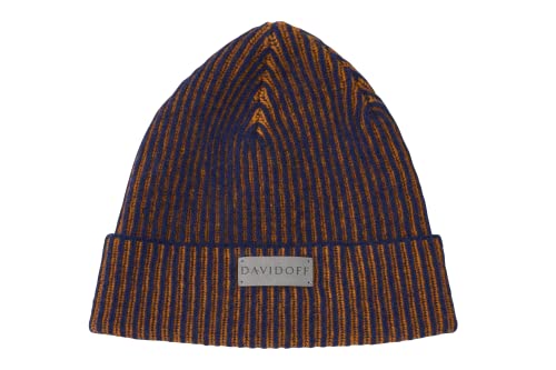 Davidoff Essentials Herren Mütze Marineblau/Orange – sportliche Beanie aus 100% Wolle – wärmende Herren Wintermütze in Gerippter Optik mit Lederschildchen von Davidoff